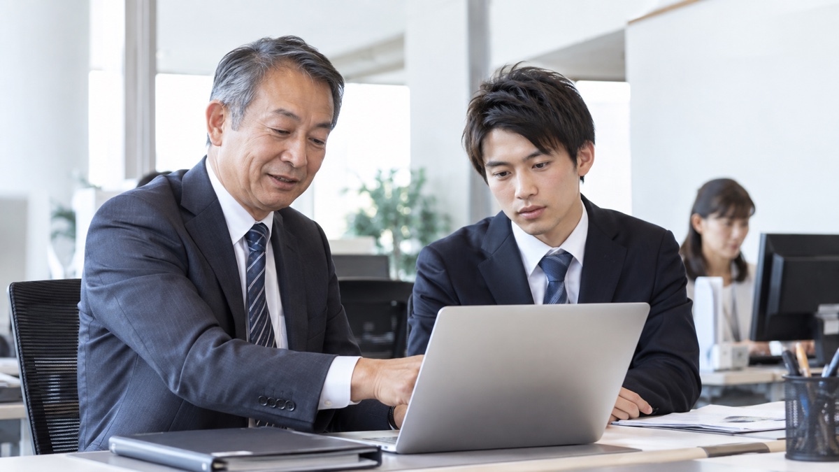長く勤めるベテラン社員と若手が並ぶオフィス