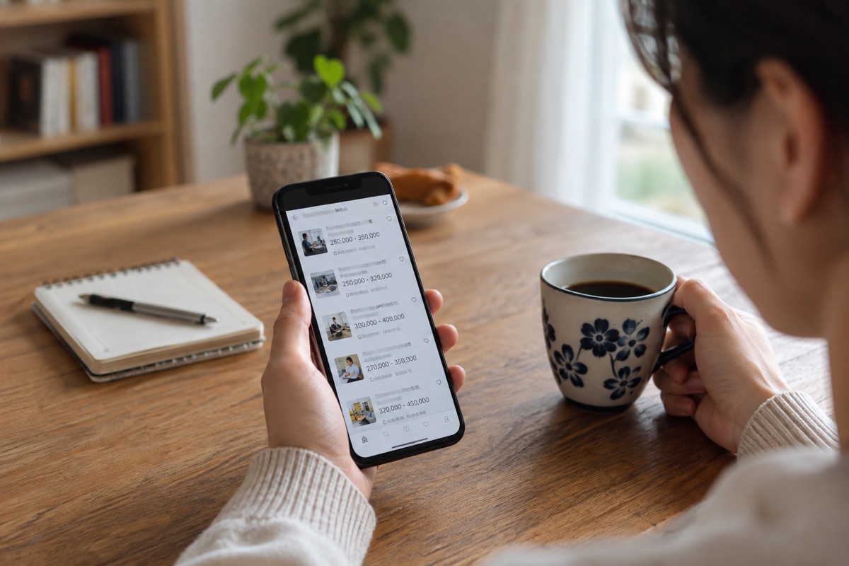 スマートフォンで求人情報を見比べる手元