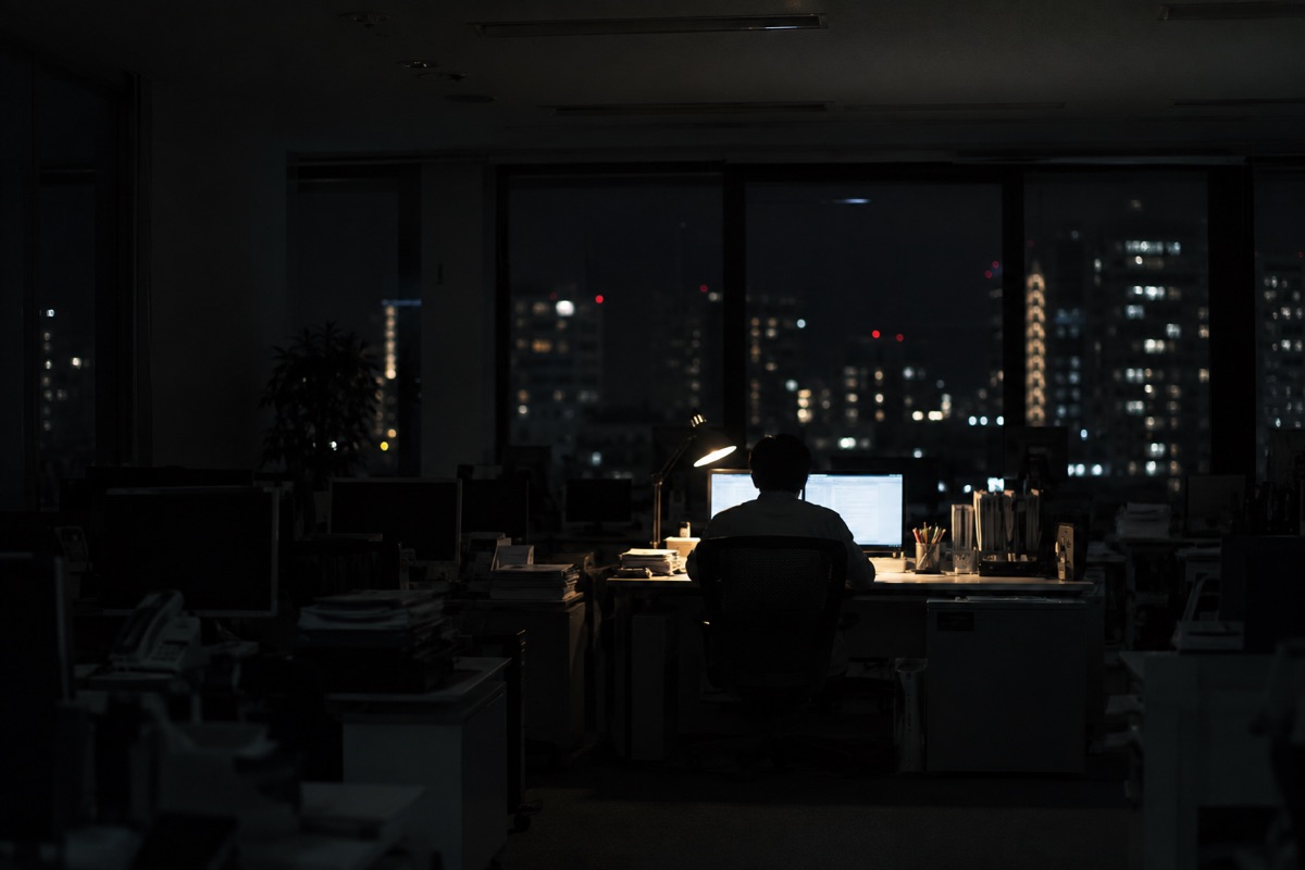 夜のオフィスで残業する社員のデスク