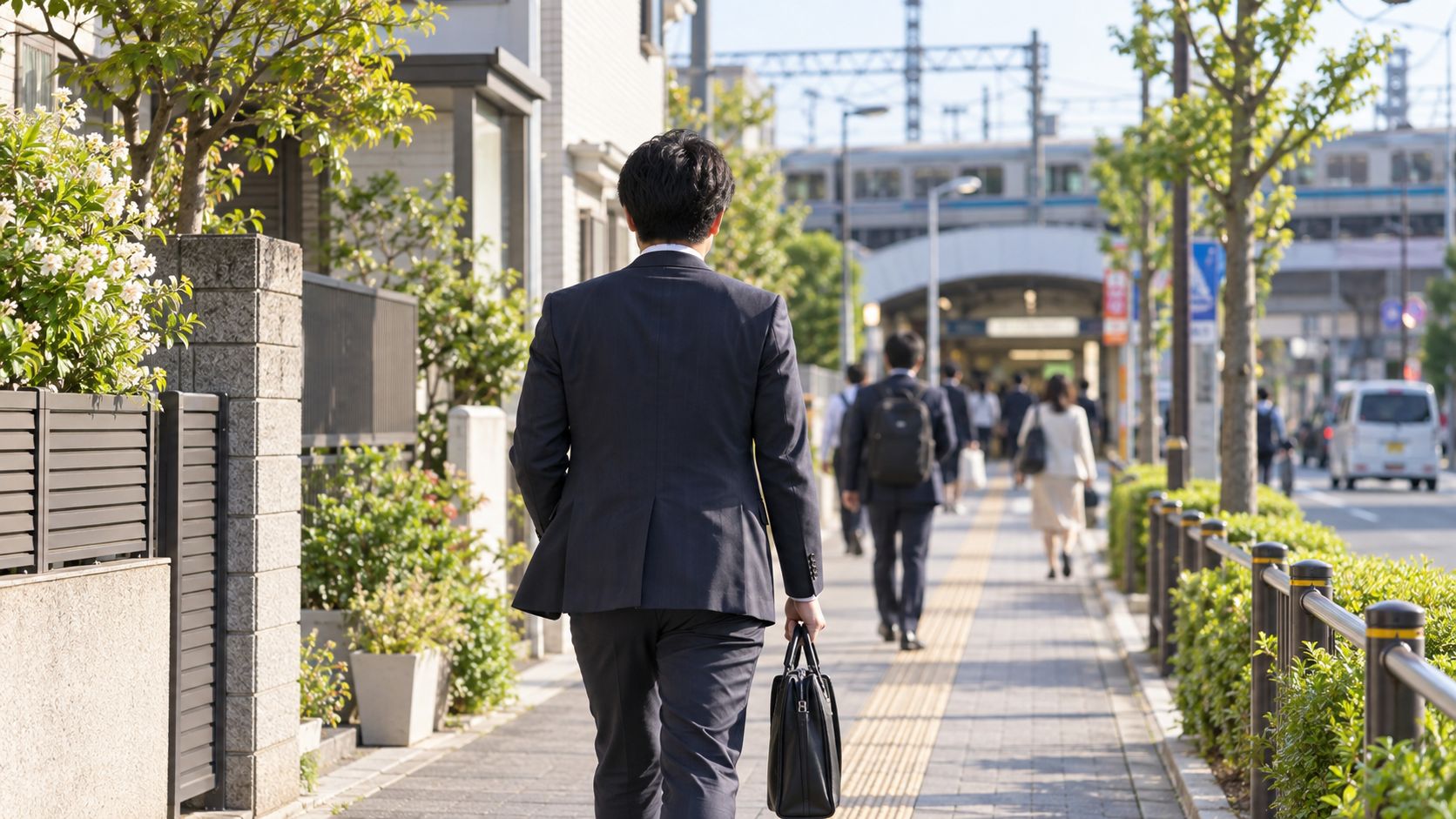 朝の通勤路を歩く会社員のうしろ姿