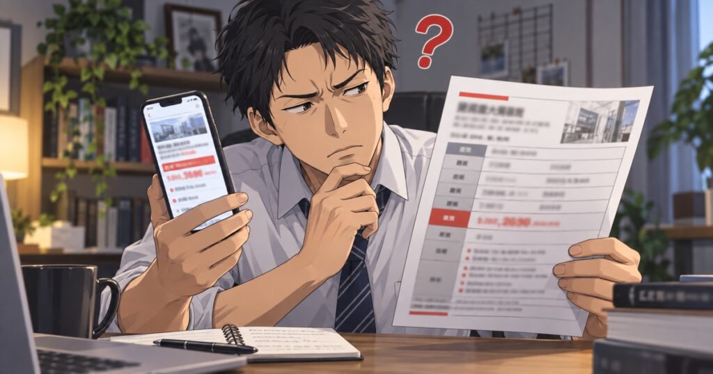 求人票とスマートフォンの求人情報を見比べて疑問を持つ男性