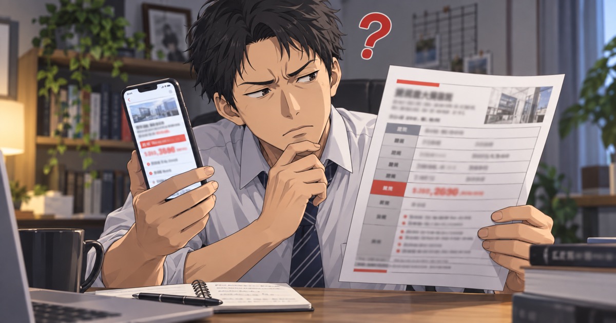 求人票とスマートフォンの求人情報を見比べて疑問を持つ男性
