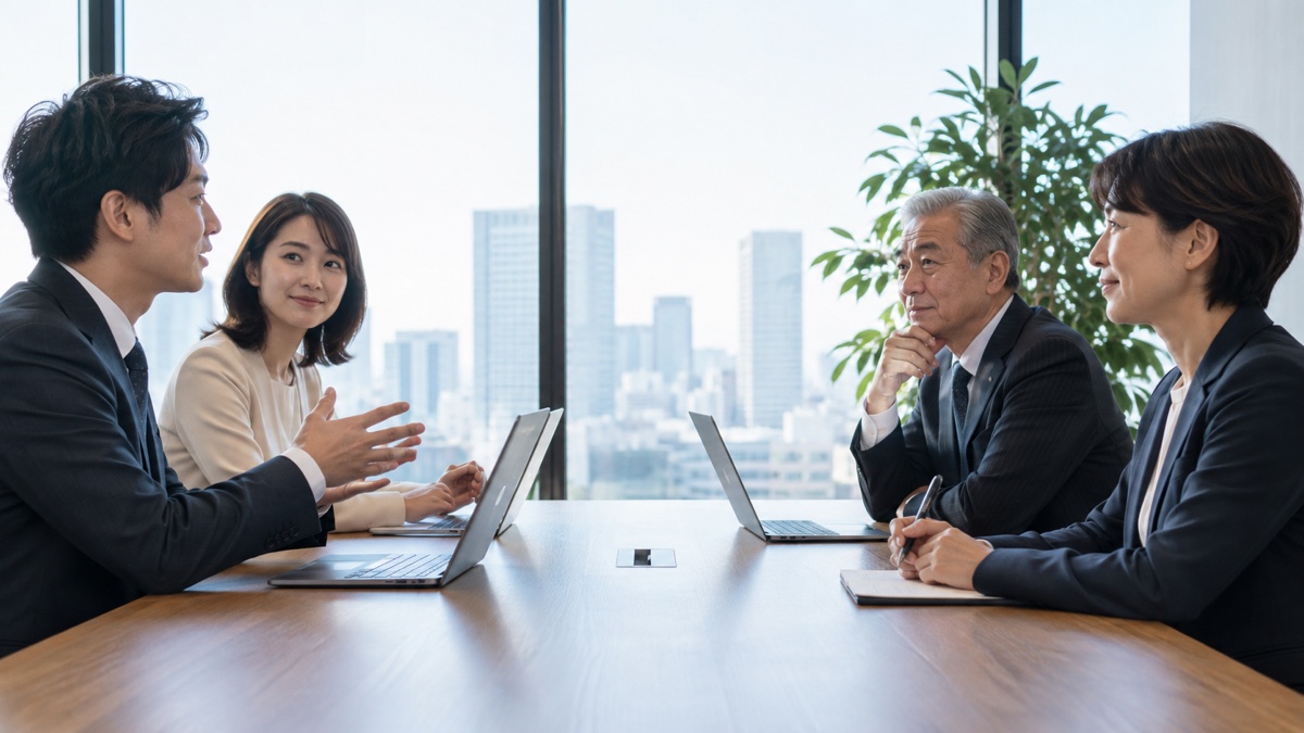 年代の異なる社員が向かい合う会議室