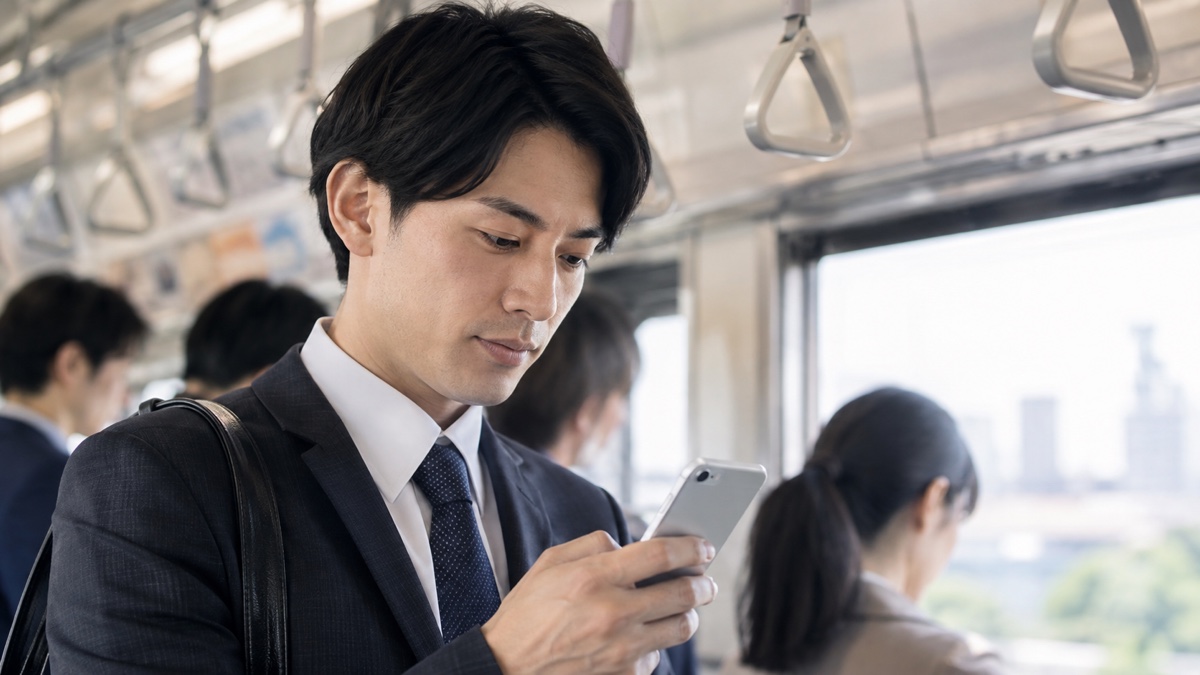 通勤中にスマートフォンを見る会社員