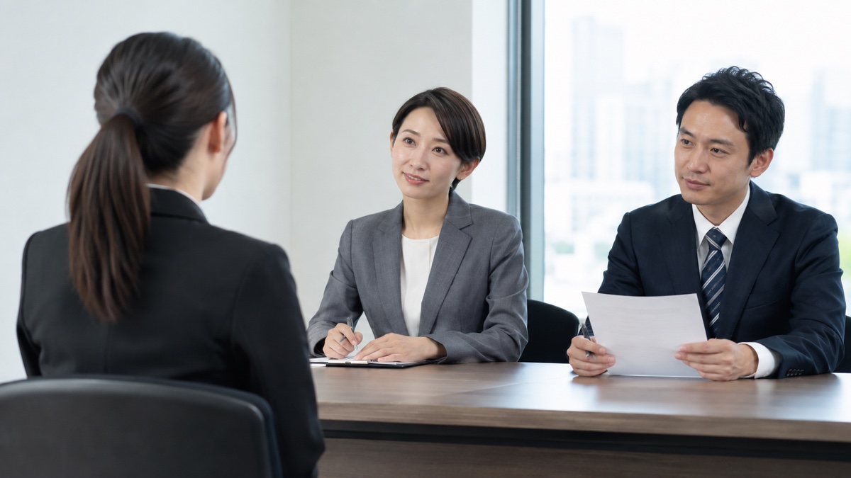 面接で落ち着いて話す応募者と面接官