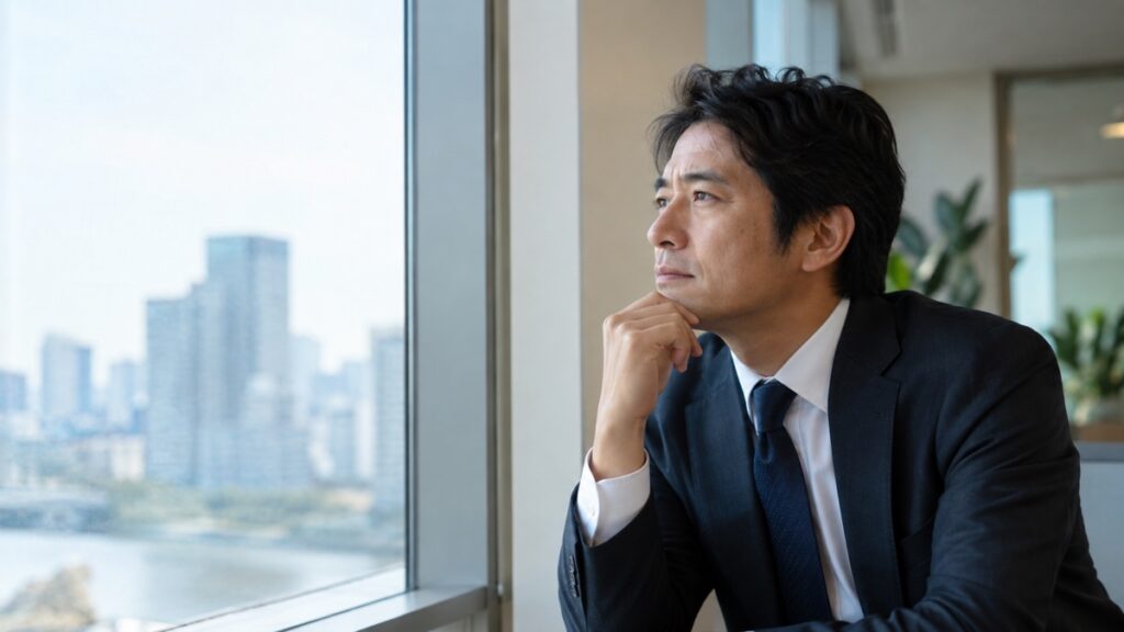 窓の外を見て考える40代の会社員