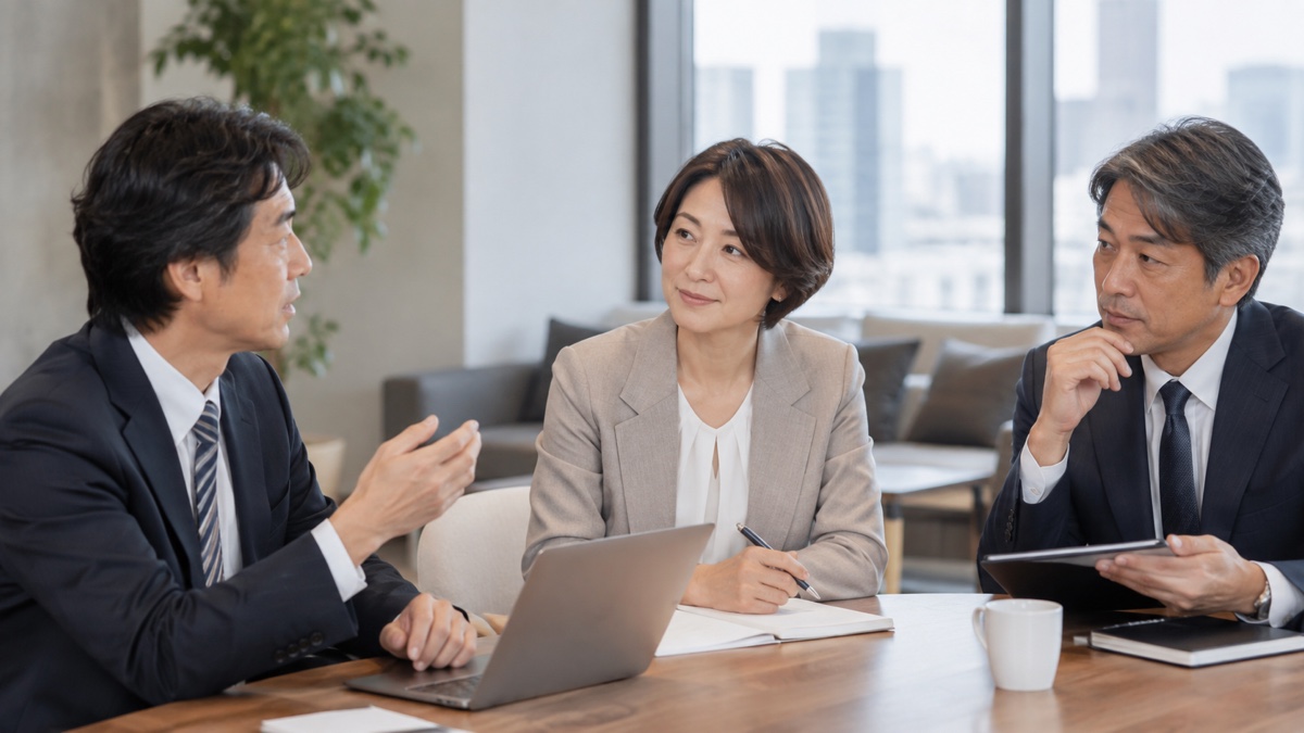 打ち合わせをする40代後半の社員