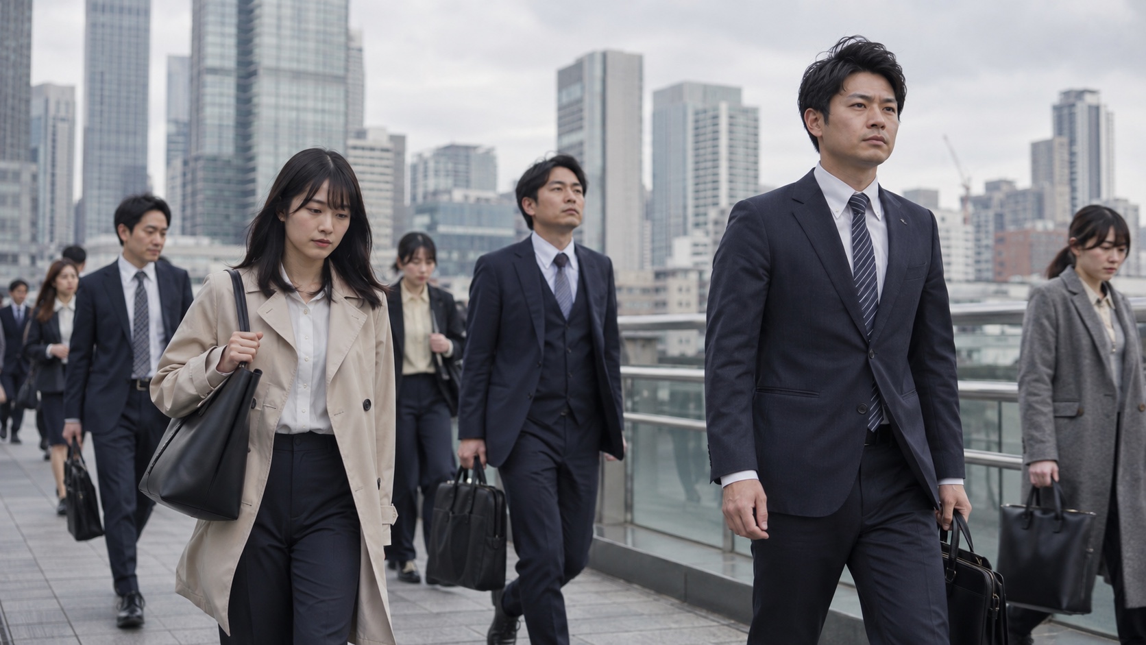 曇り空の下を通勤する会社員たち