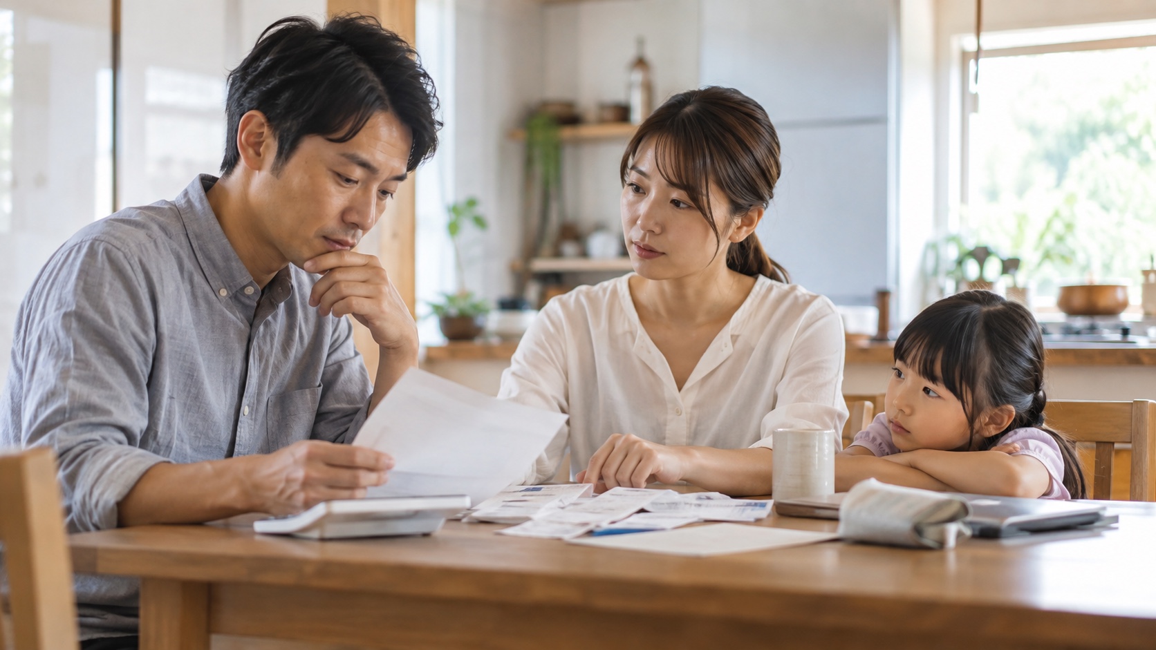 食卓で家計について話し合う家族