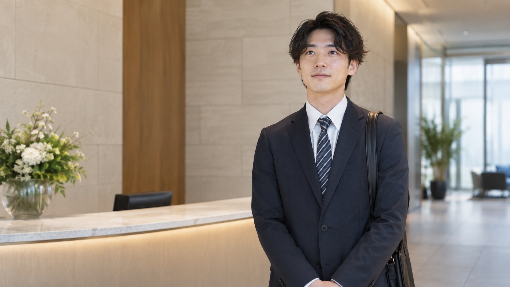 オフィスの受付に一人で立つ中途入社の社員