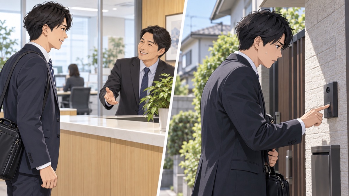 顔なじみの取引先を訪ねるルート営業と、初めての家を訪ねる飛び込み営業を左右に並べたイラスト