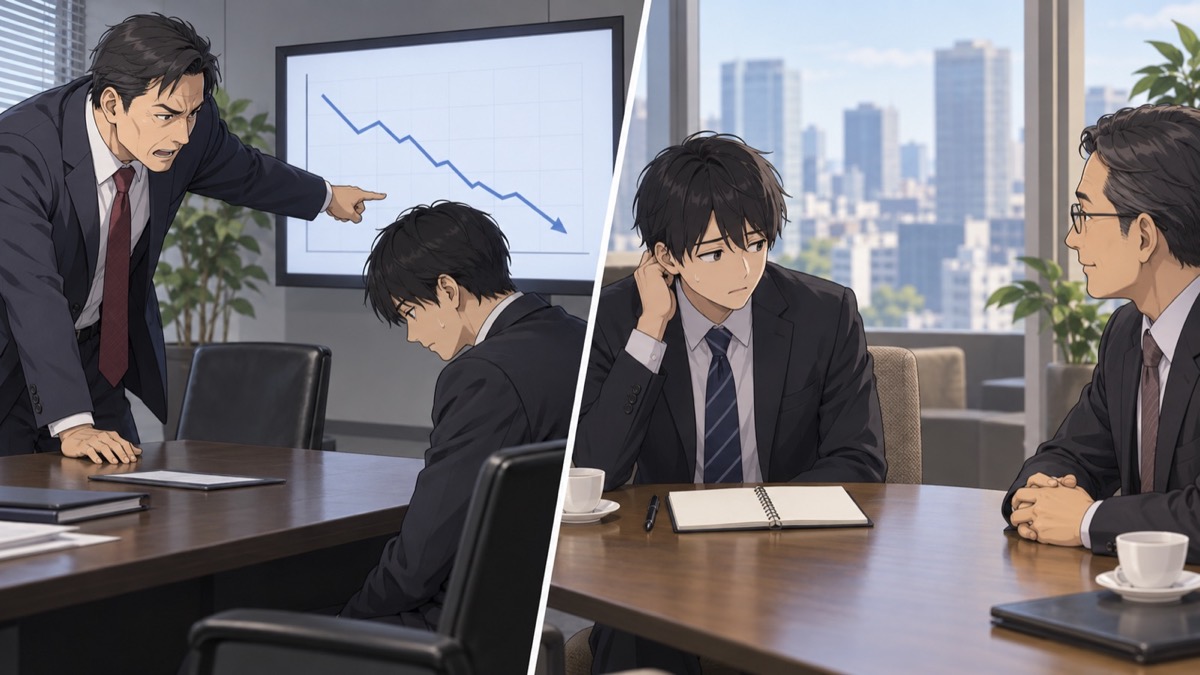 社内で数字を詰められる営業担当者と、話題が尽きて困る営業担当者を並べたイラスト