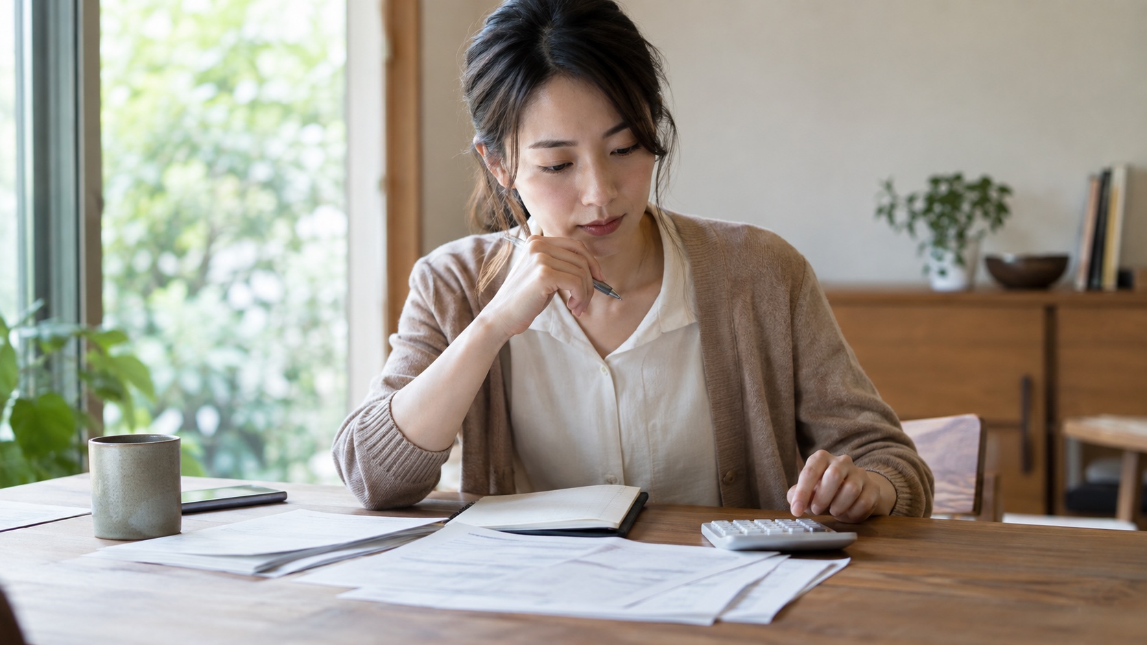 電卓と書類で条件を計算する机