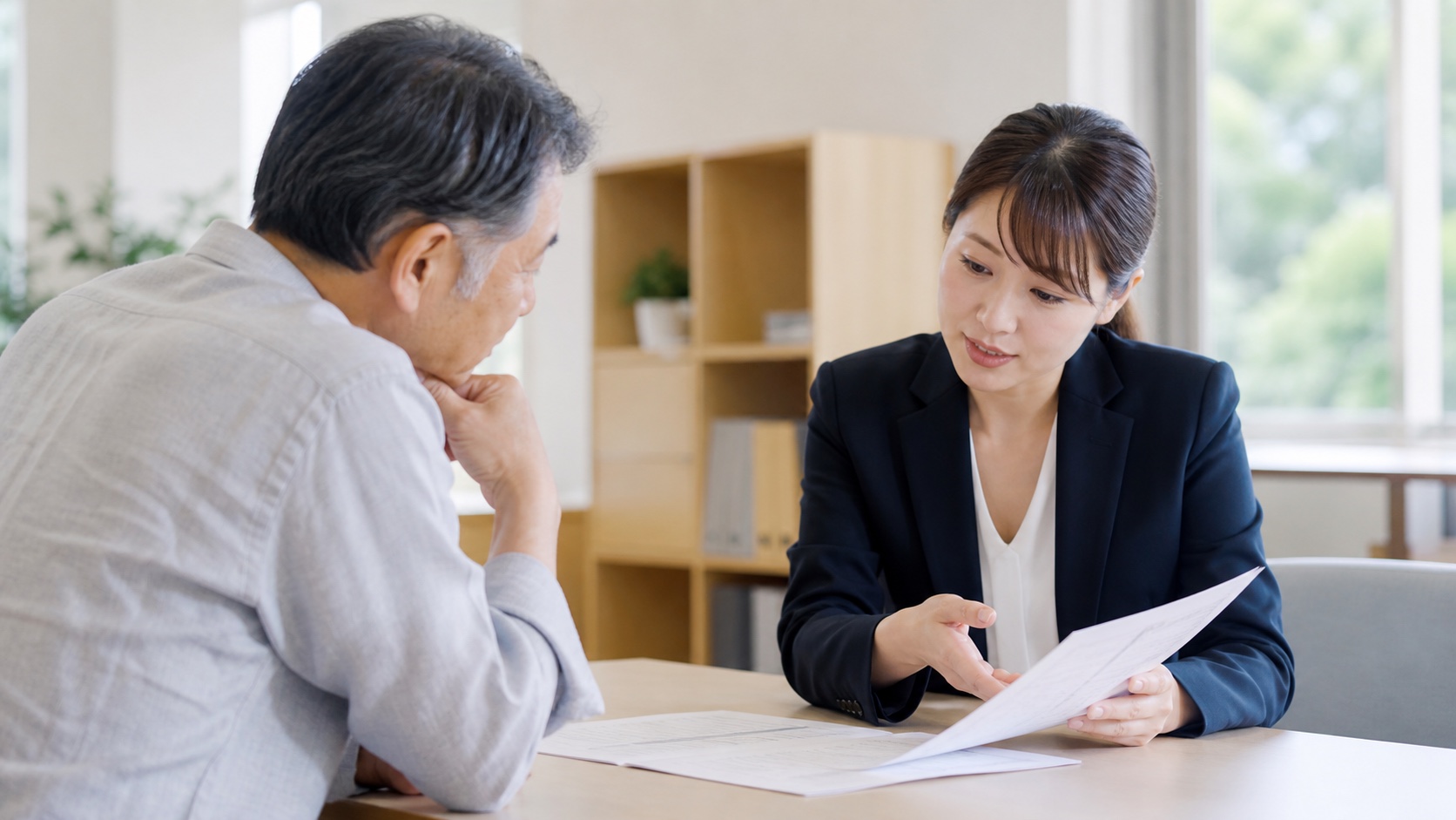 相談窓口で書類を見ながら相談する様子