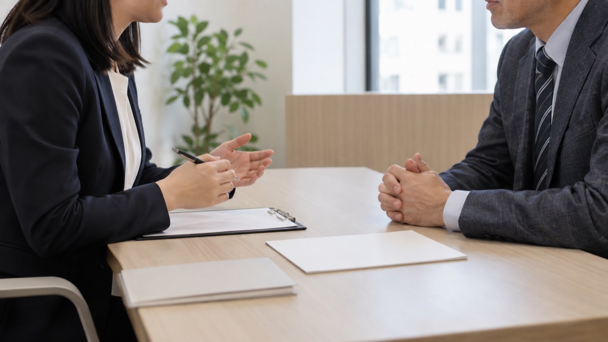 面談ブースで書類を前に向かい合う担当者と求職者