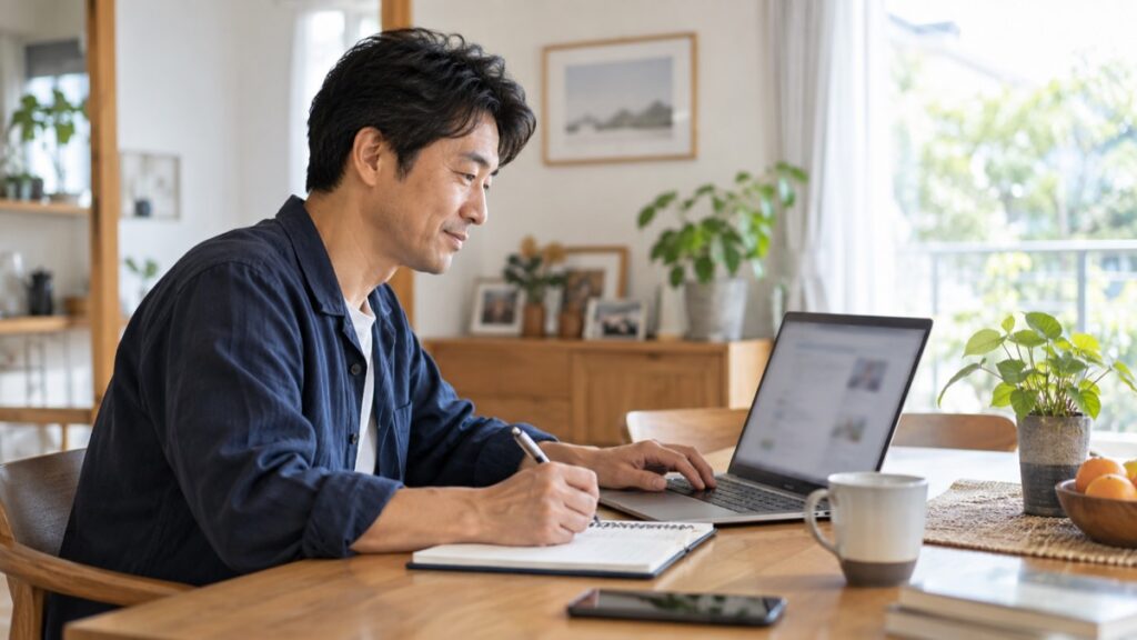 ノートパソコンで求人を探しながらメモを取る男性