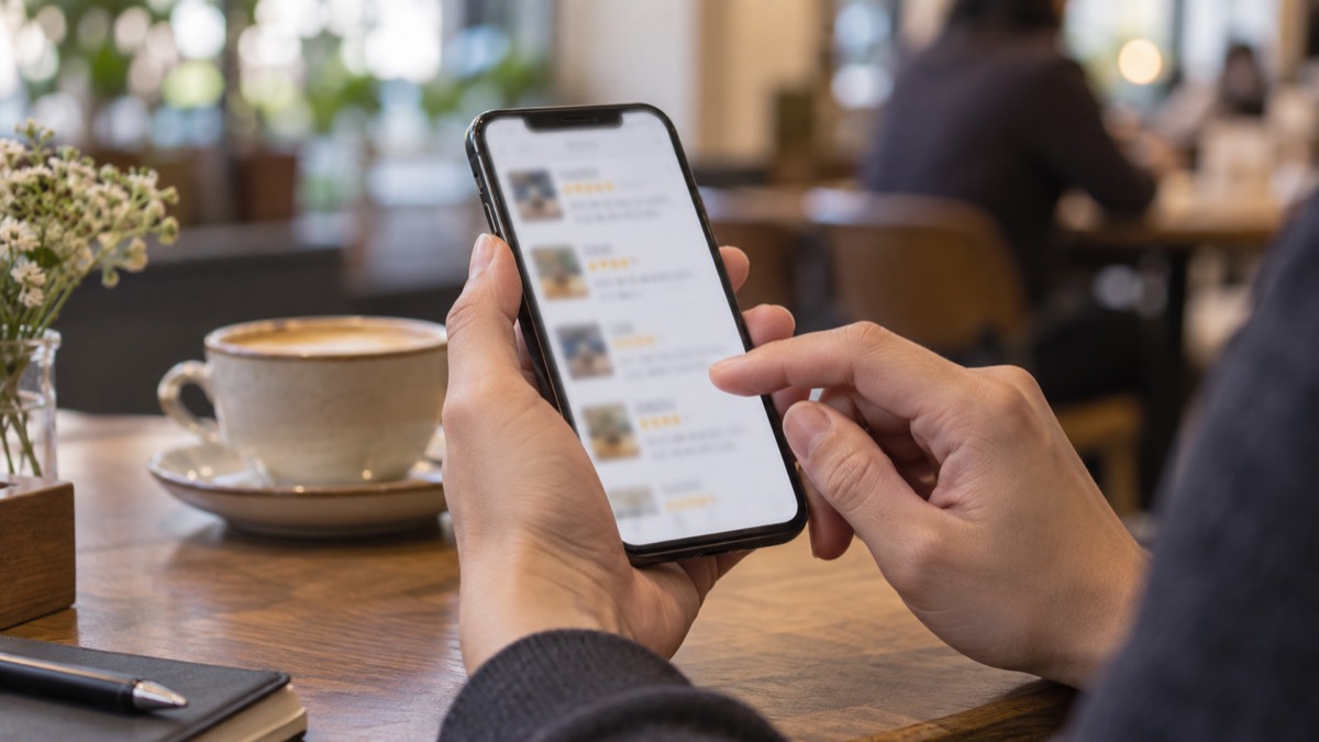 スマートフォンで口コミを読む手元