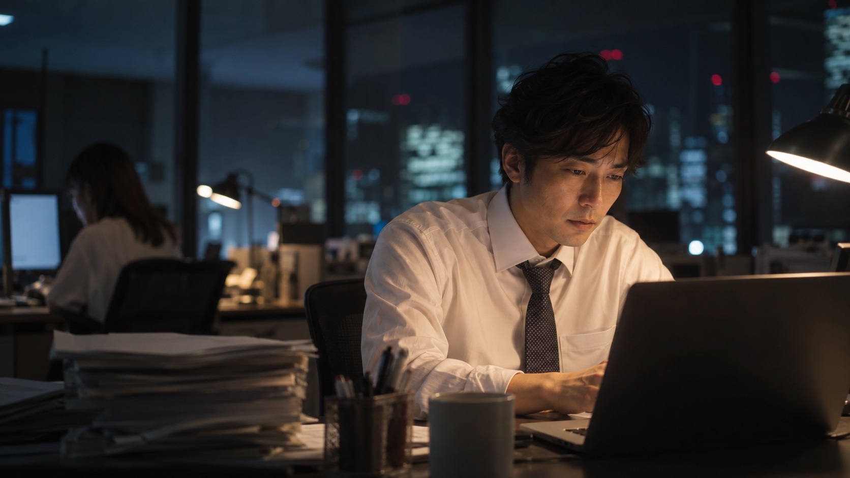 夜のオフィスで残業する社員のデスク