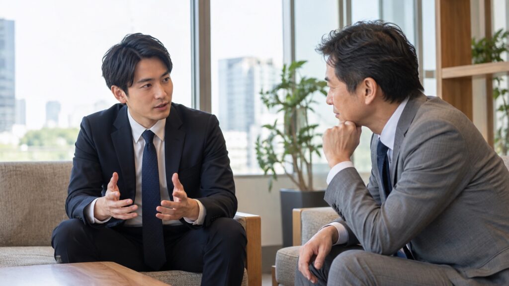 上司と落ち着いて話し合う社員
