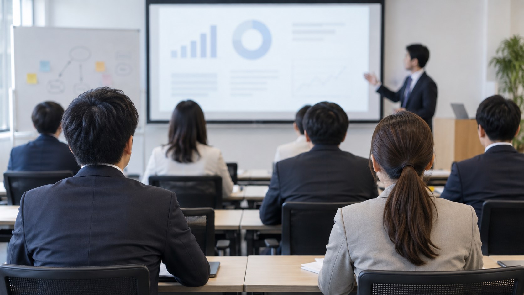 研修を受ける会社員たちの後ろ姿