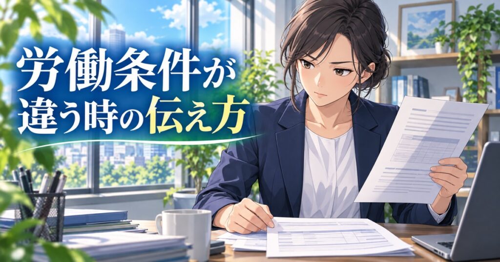 労働条件通知書と実際の条件の違いに気づいて考え込む社会人