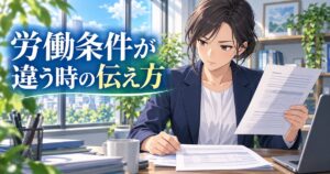 労働条件通知書と実際の条件の違いに気づいて考え込む社会人