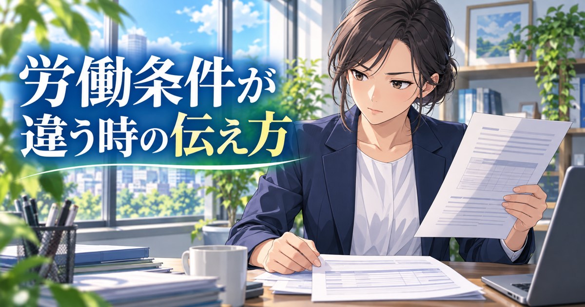 労働条件通知書と実際の条件の違いに気づいて考え込む社会人