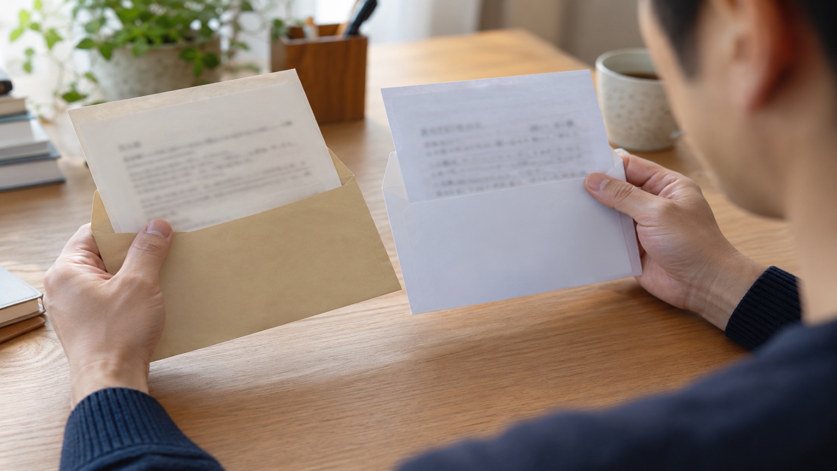 2通の内定通知を見比べる男性の手元