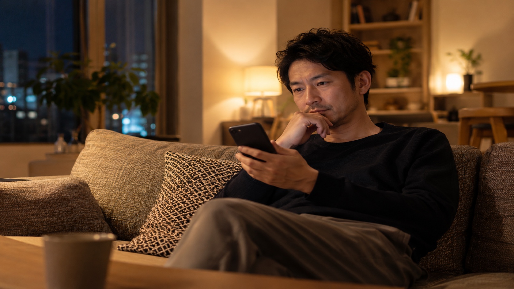 スマホで受信メールを確認する40代の男性