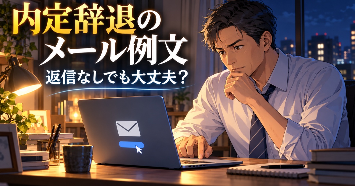 ノートパソコンで内定辞退のメールを送る40代の男性のイメージ