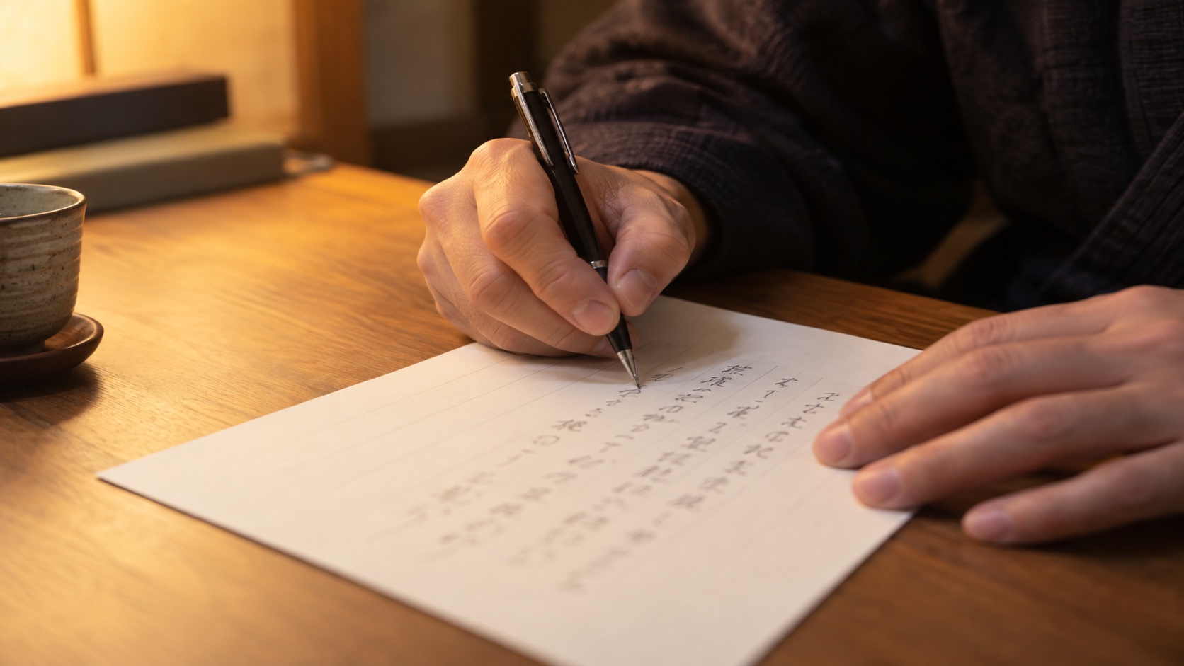 便せんに黒のボールペンで書く手元