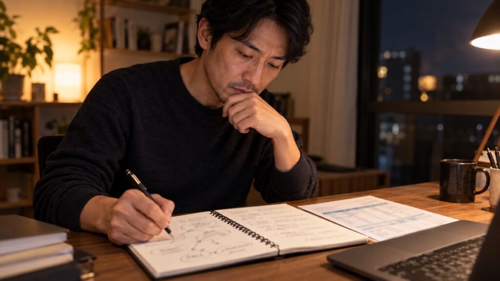 ノートに答え方を書き出して考える男性