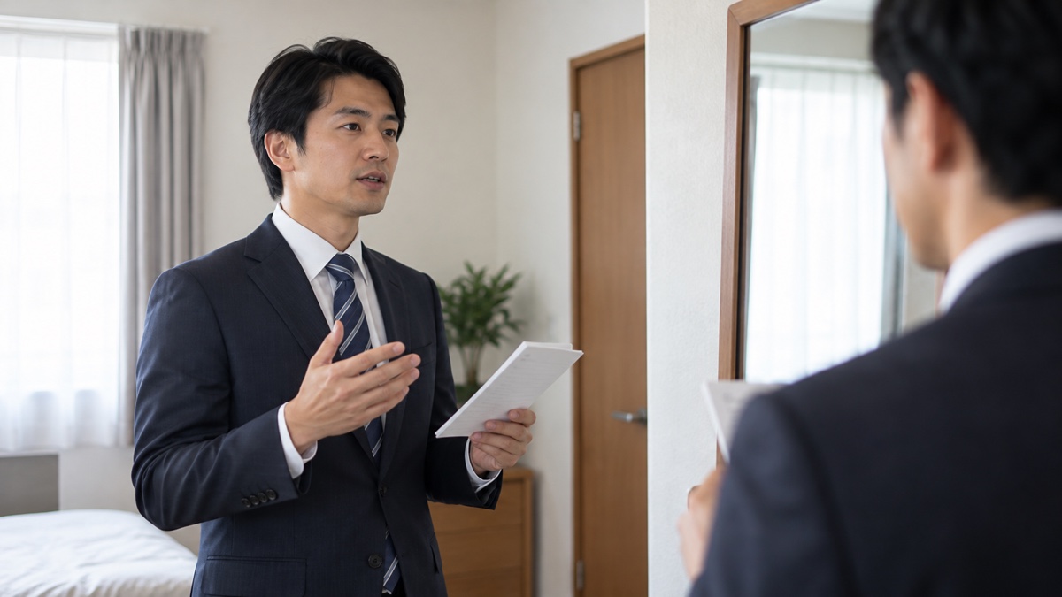 面接の受け答えを声に出して練習する男性
