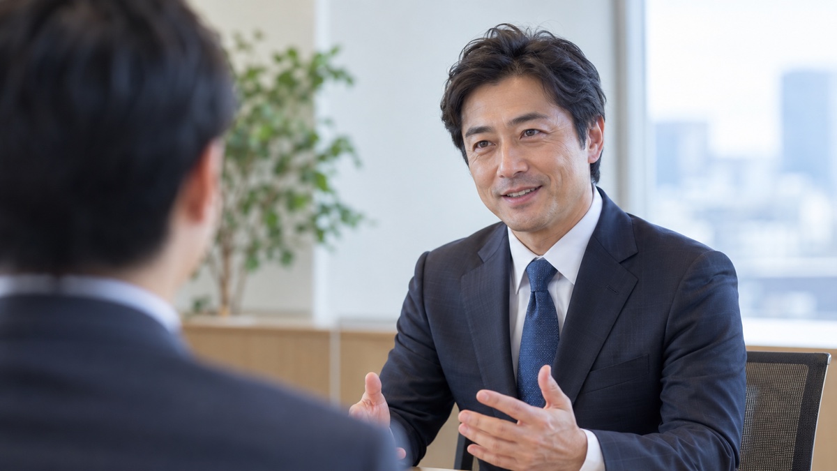 面接で落ち着いて話す40代の男性