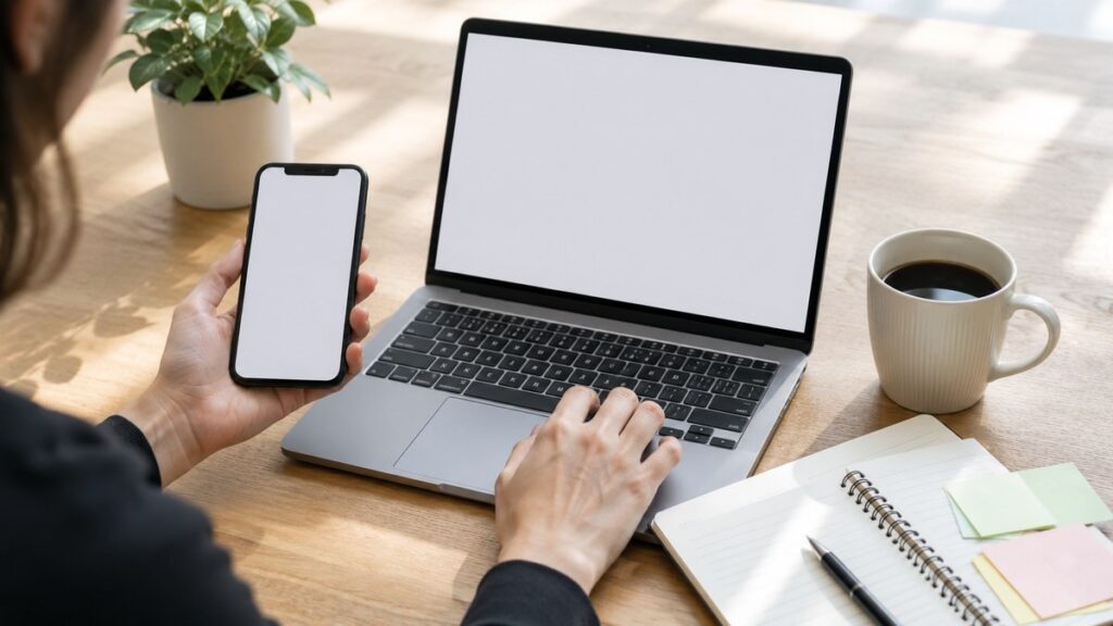 スマホとノートPCで転職エージェントを見比べる手元