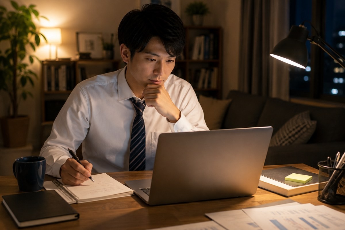 ネクタイ姿の30代男性が夜にメモを取りながら転職活動