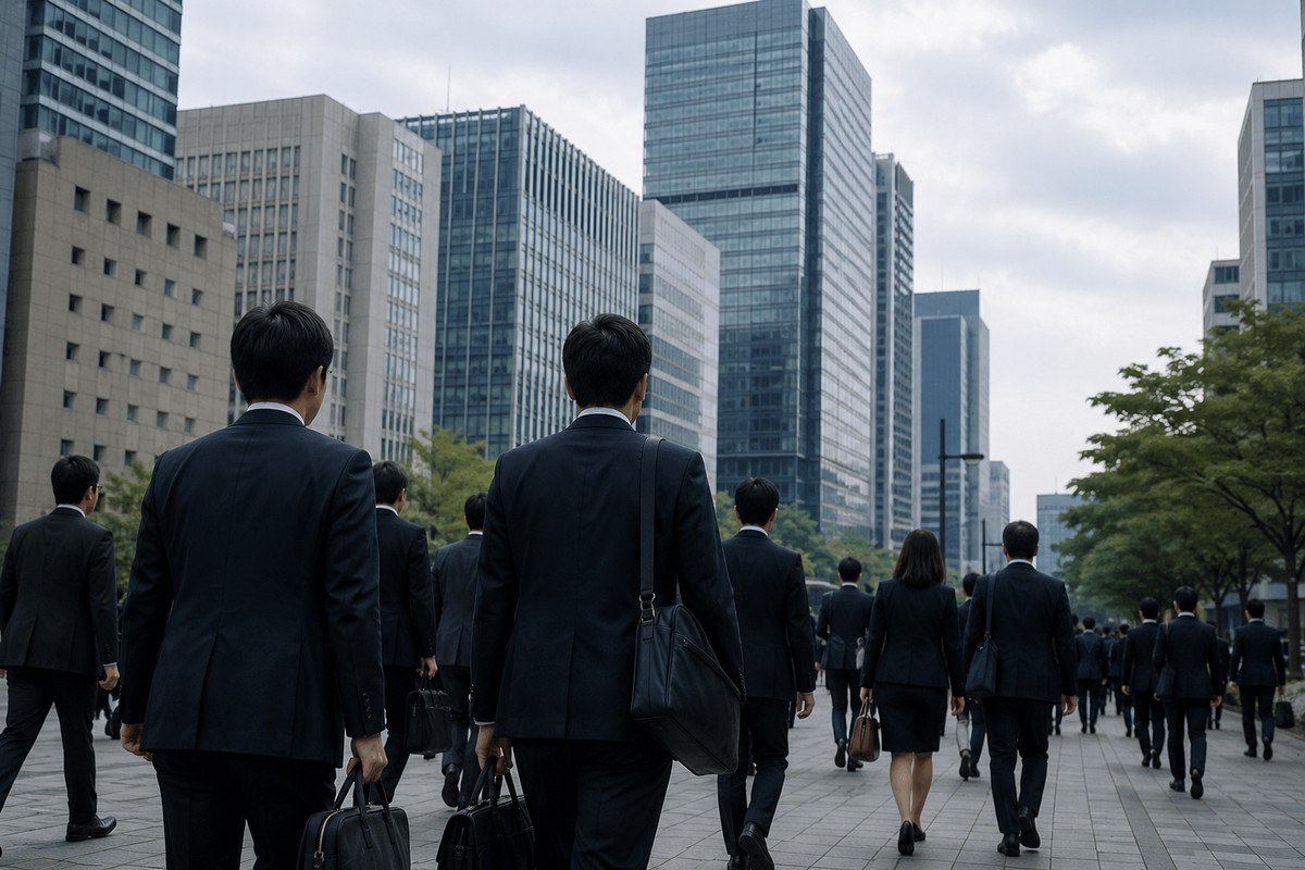 オフィス街を歩くスーツ姿の働く人々のうしろ姿・就職氷河期の背景のイメージ