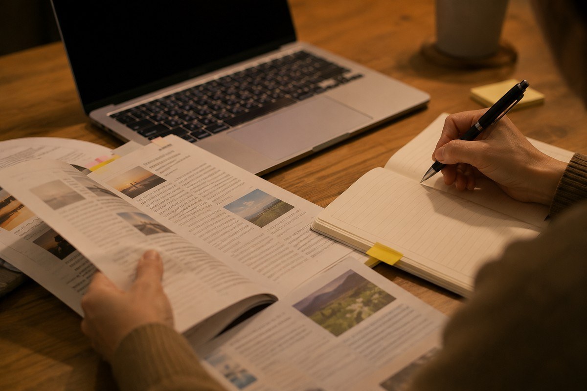 雑誌や資料を読み比べてノートにメモを取る手元・氷河期世代の関連記事を調べるイメージ
