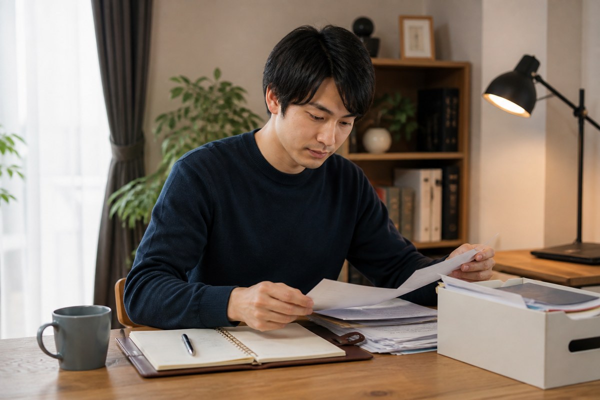 自宅で退職後の書類を整理する男性