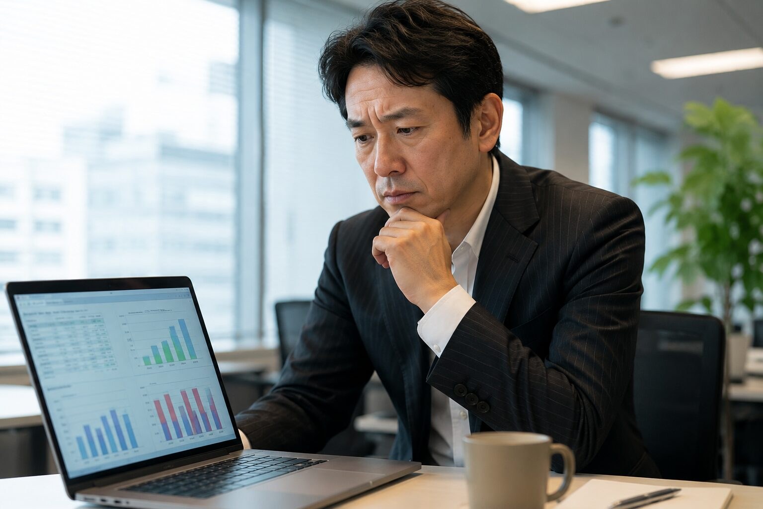 ノートパソコンの給与グラフを真剣に確認する40代男性