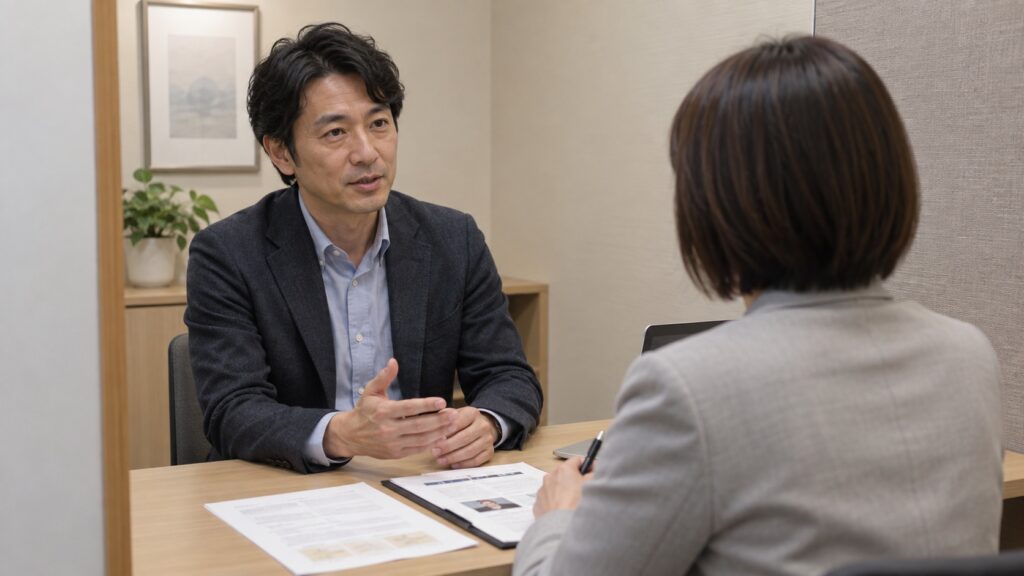 担当者に契約の相談をする40代の男性