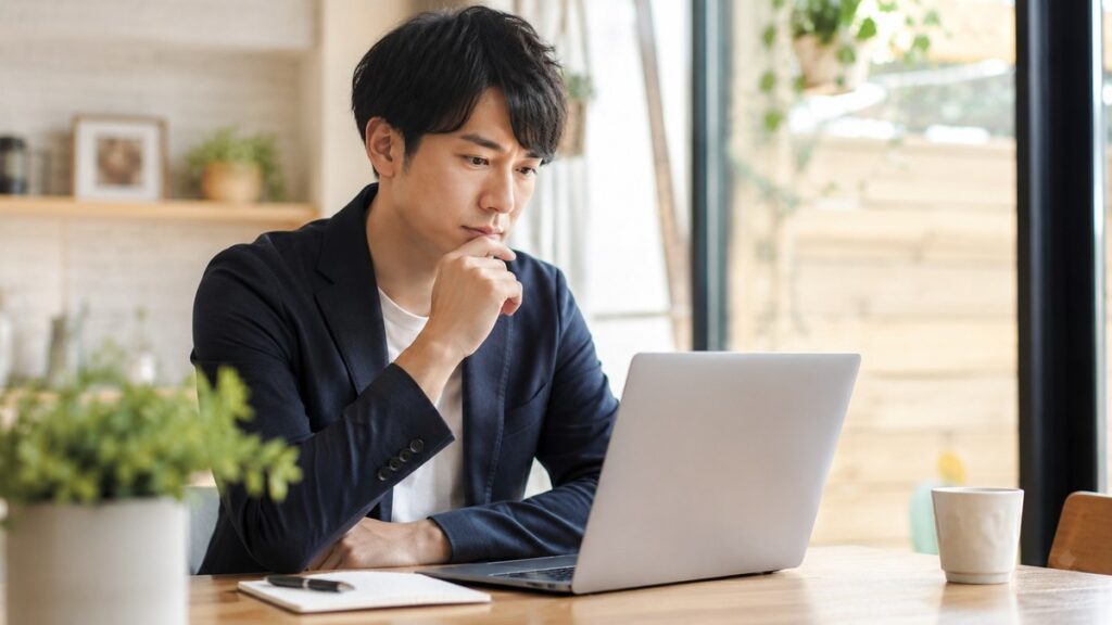 在職中の30代男性がノートPCで求人情報を確認する様子