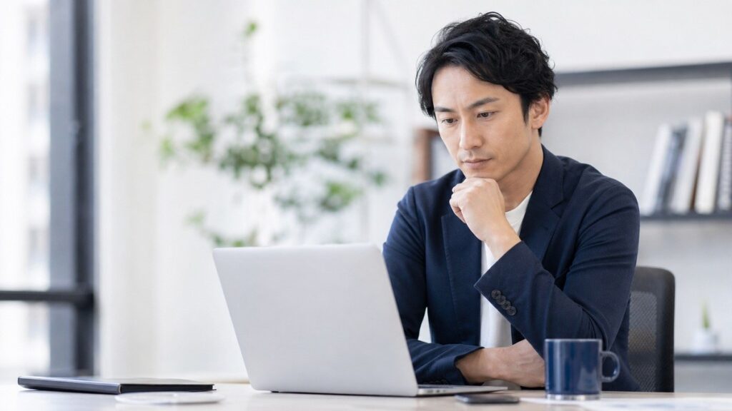 オフィスでパソコンを見ながらこれからの働き方を考えるビジネスパーソン