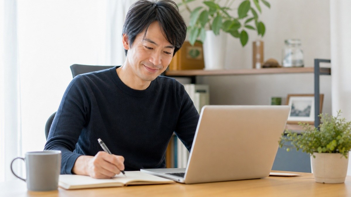 自宅でノートパソコンとノートを使って学び直しに取り組む人