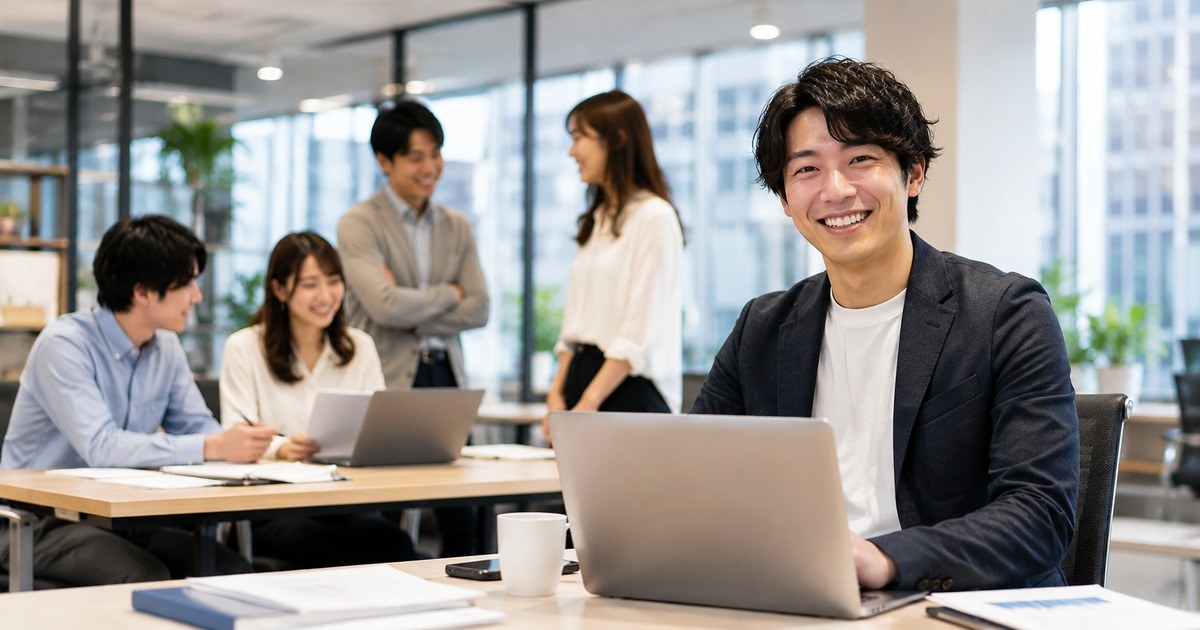 明るいオフィスでノートパソコンに向かう笑顔のビジネスパーソン