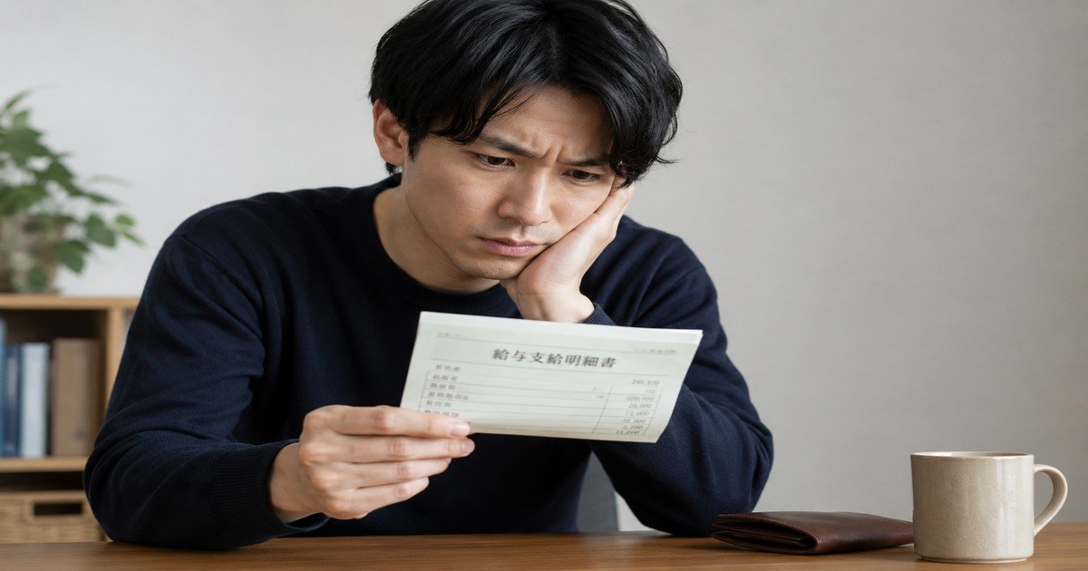 給与支給明細書を見て浮かない表情をしている男性