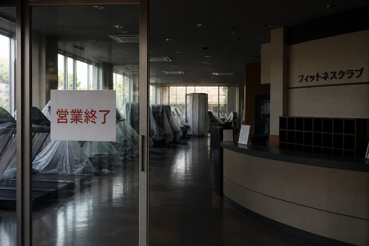 「営業終了」の貼り紙が出され器具にカバーがかけられた閉店後のフィットネスクラブ