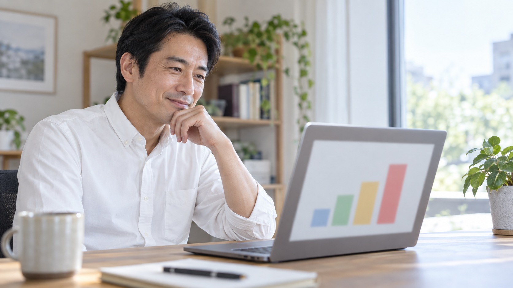 グラフの資料を確認する40代の男性
