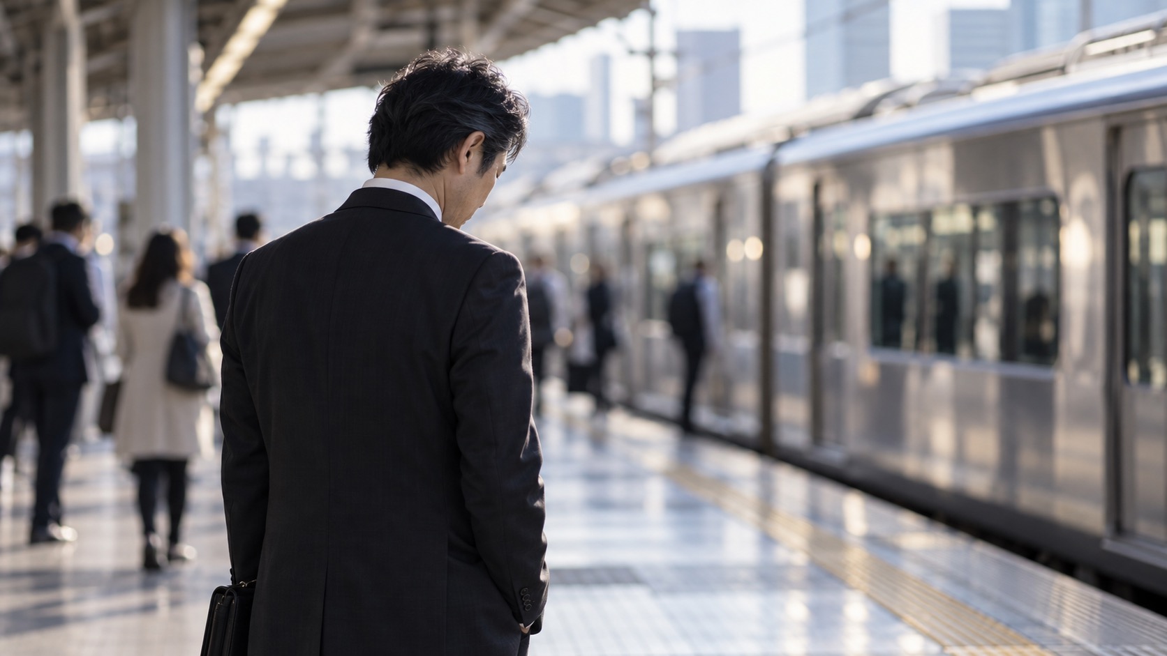 通勤途中に立ち止まって考える男性