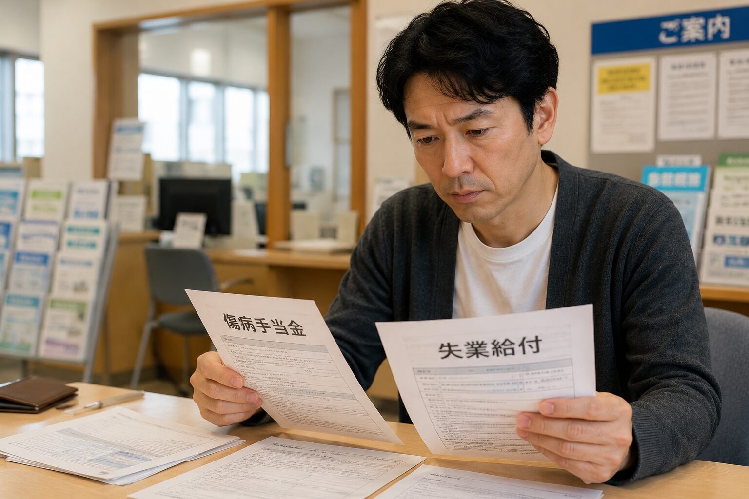 傷病手当金と失業給付の申請書類を手に取って確認する40代男性